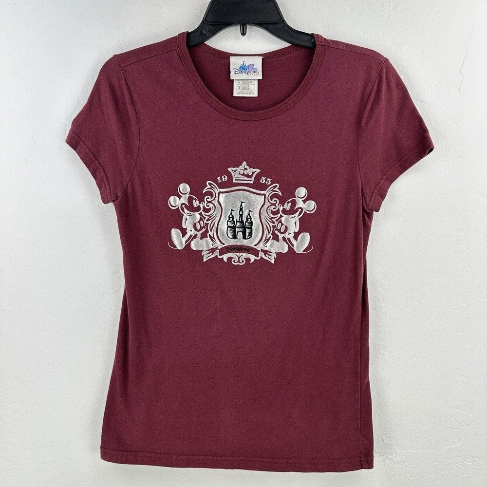 Vintage Disneyland Shirt Womens M Resort Mickey Mouse Short Sleeve Maroon Silver